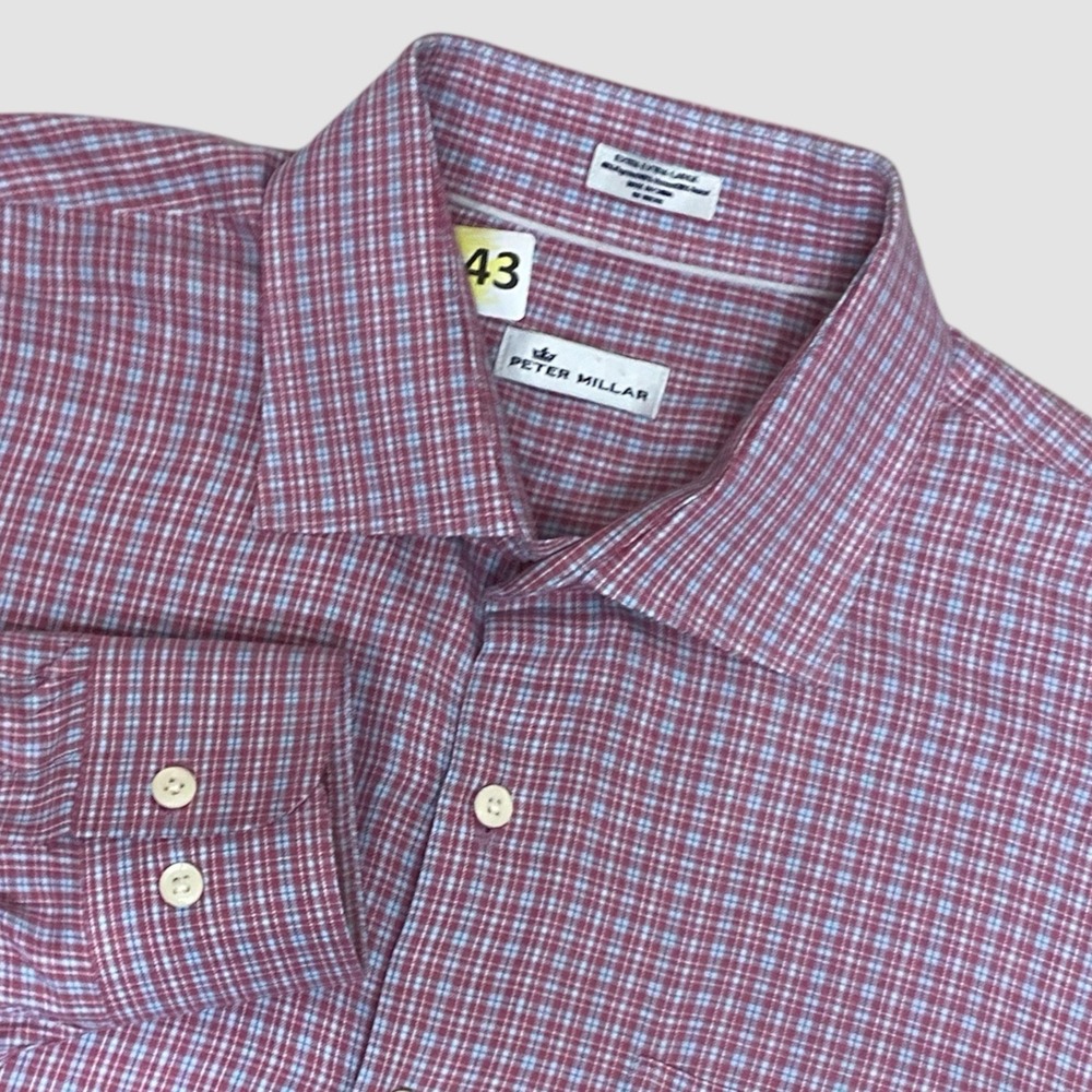 PETER MILLAR Button Down Shirt‎ Men's 2XL Pink Blue Mini Check Long Sleeve